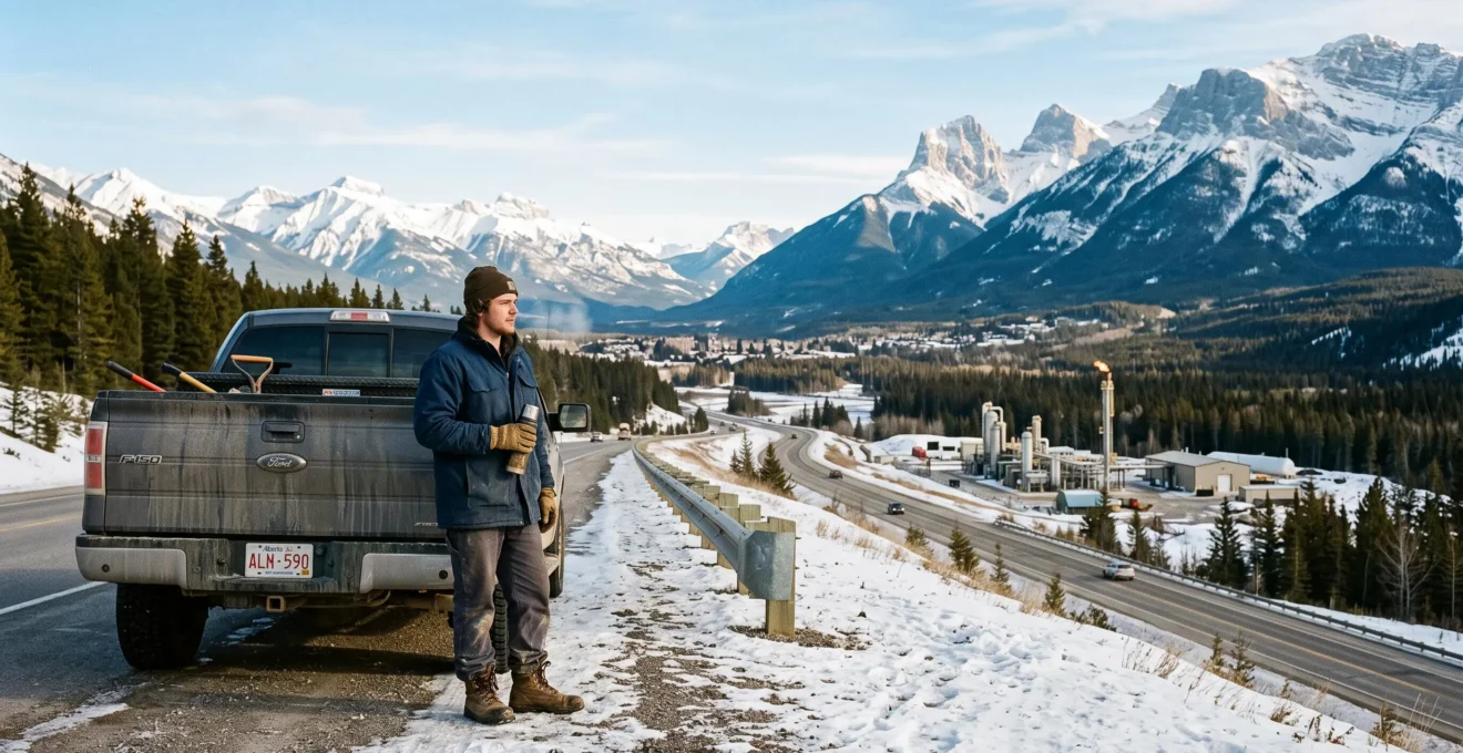 Une personne en veste d'hiver se tient près d'un camion stationné sur le bord d'une route albertaine face aux Rocheuses enneigées et à une petite ville au pied des contreforts.