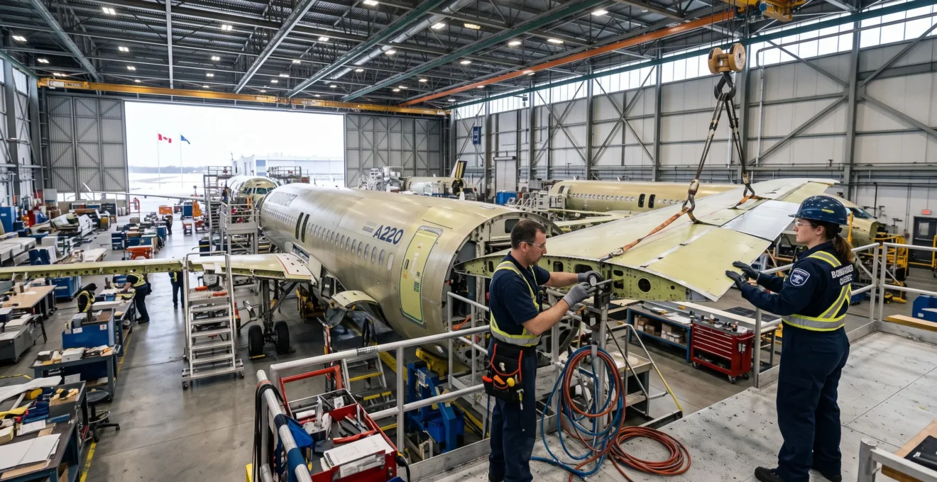 Techniciens assemblant un fuselage d'avion commercial dans une grande halle de montage aéronautique au Québec.