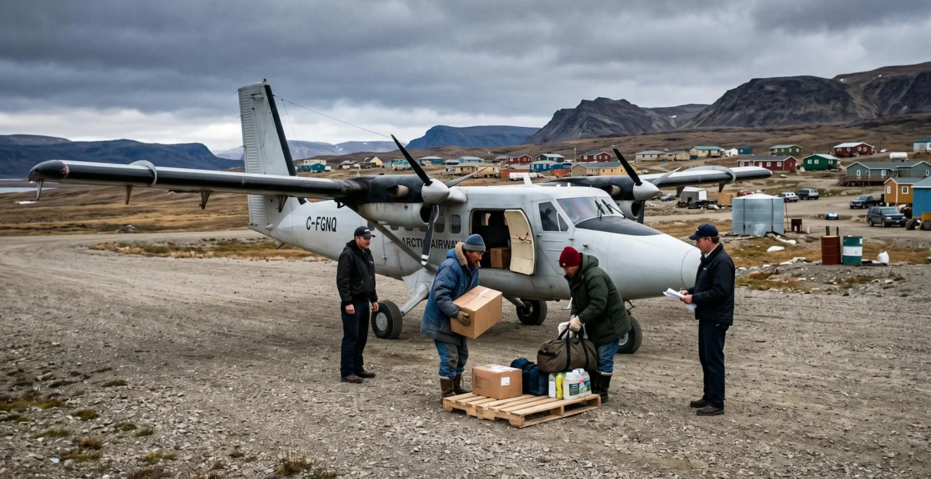 Deux habitants déchargent des caisses et des sacs d'un petit avion bimoteur stationné sur une piste de gravier au Nunavut, avec la toundra et quelques maisons colorées à l'horizon.