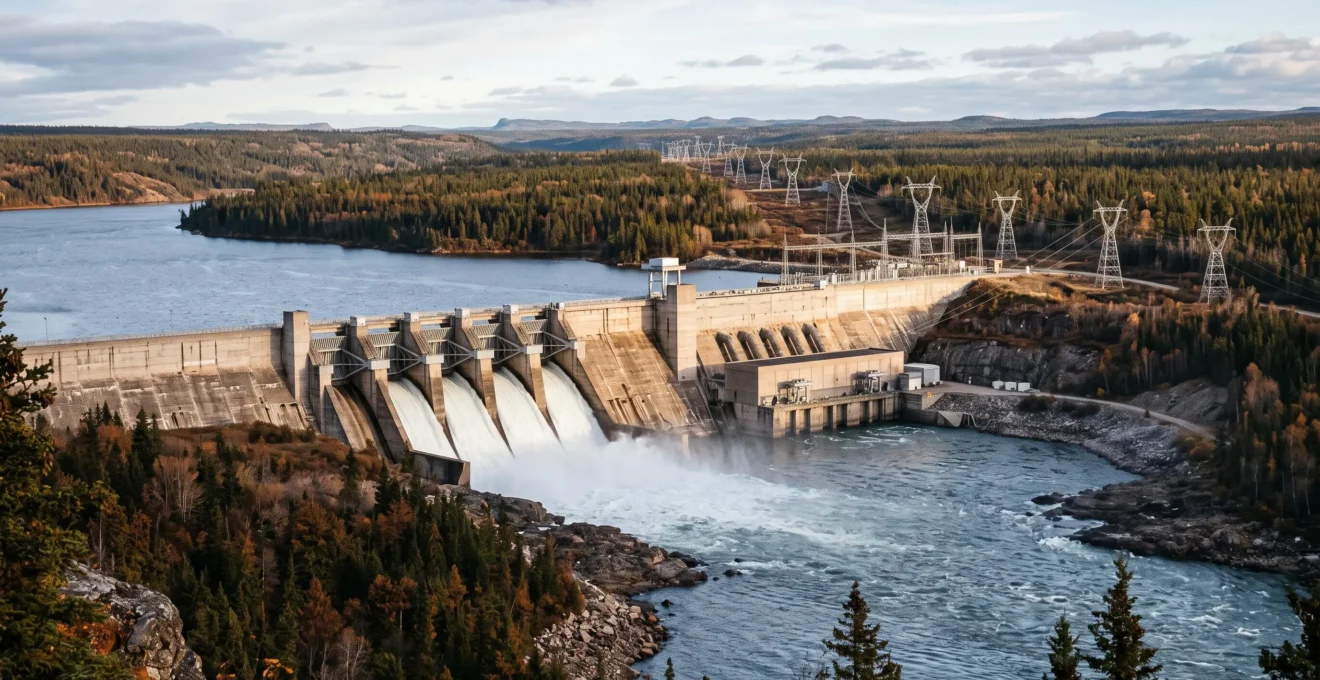Un grand barrage hydroélectrique au Canada avec de l'eau s'écoulant des évacuateurs de crue et des lignes à haute tension traversant la forêt boréale.