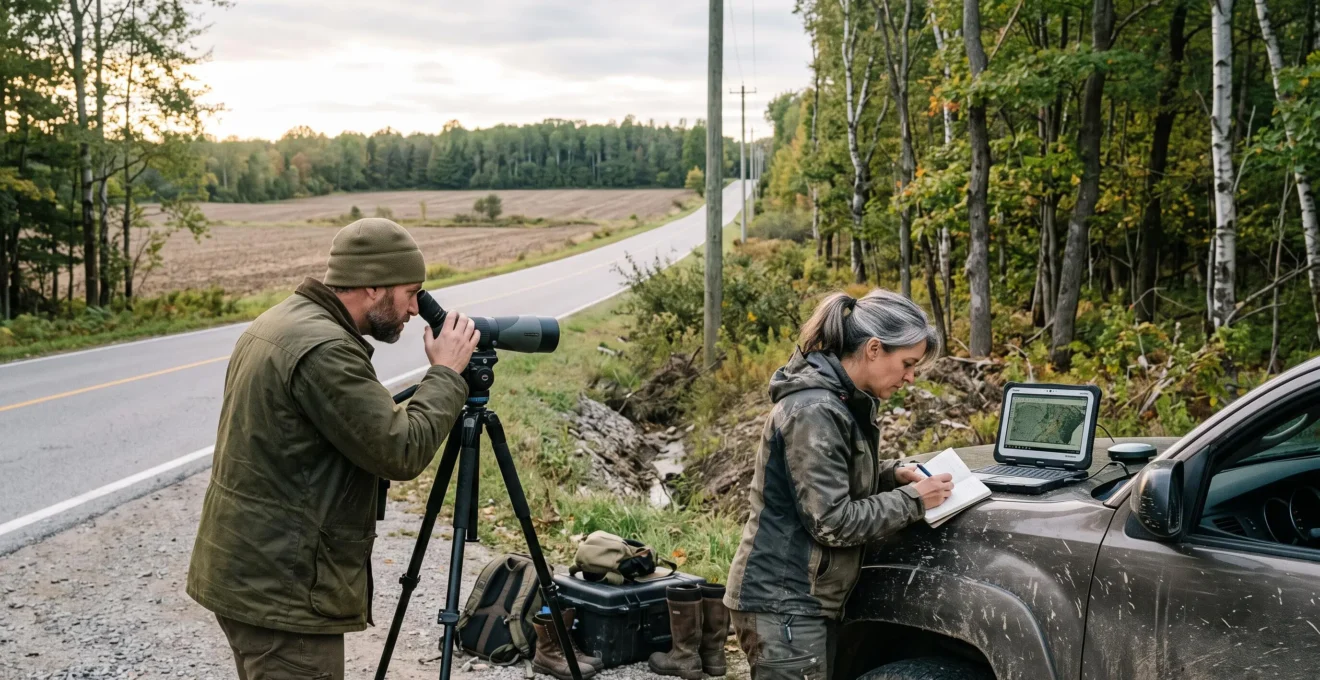 Deux biologistes observent une lisière forestière à la lunette d'approche près d'une route qui traverse une forêt fragmentée au Canada.