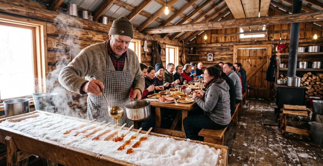 Un cuisinier verse du sirop d'érable chaud sur de la neige dans une cabane à sucre, pendant que des personnes sont assises à des tables en bois.