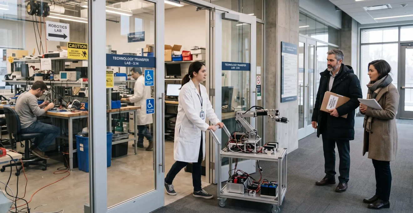 Un chercheur transporte un prototype robotique hors d'un laboratoire universitaire vers deux personnes en attente dans le couloir.