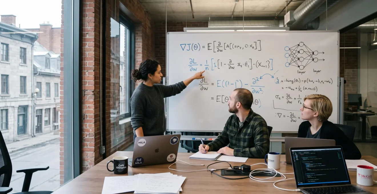 Chercheurs discutant autour d'un tableau blanc couvert de formules dans un institut de recherche en intelligence artificielle à Montréal.