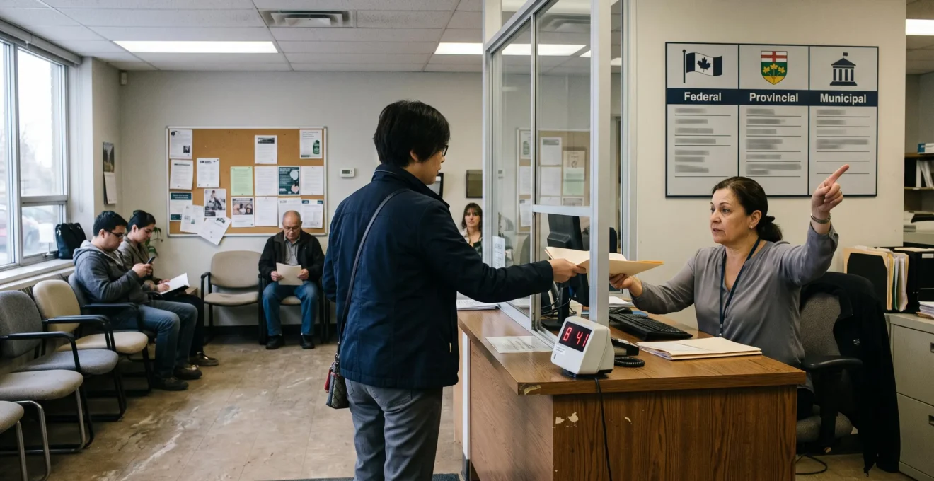 Un citoyen remet un document à un commis derrière un guichet de service public canadien, avec une salle d'attente en arrière-plan.