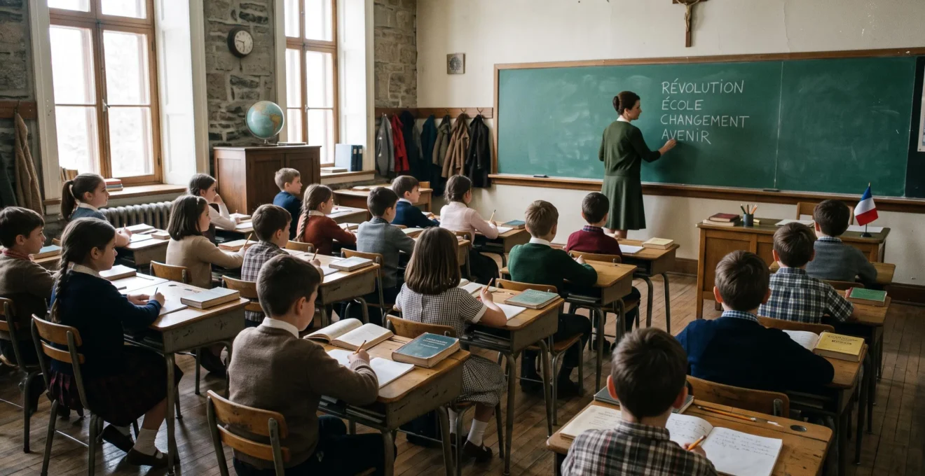 Une classe de la fin des années 1960 au Québec, où un enseignant écrit au tableau devant des enfants assis à des pupitres en bois