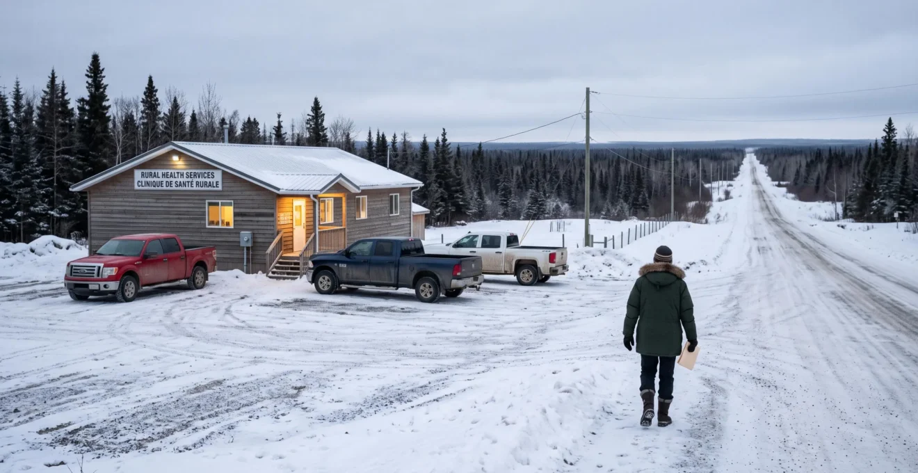 Une personne en manteau d'hiver se dirige vers une petite clinique rurale entourée de neige, avec une route longue et déserte s'étendant à l'horizon dans une région éloignée du Canada.