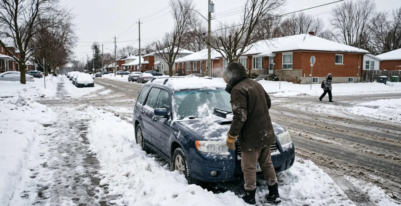 Une personne gratte la neige et le verglas du pare-brise de sa voiture dans une rue résidentielle canadienne en plein hiver.