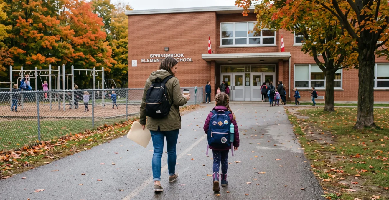 Un parent et un enfant avec un sac à dos marchent vers l'entrée d'une école primaire canadienne en briques un matin d'automne.