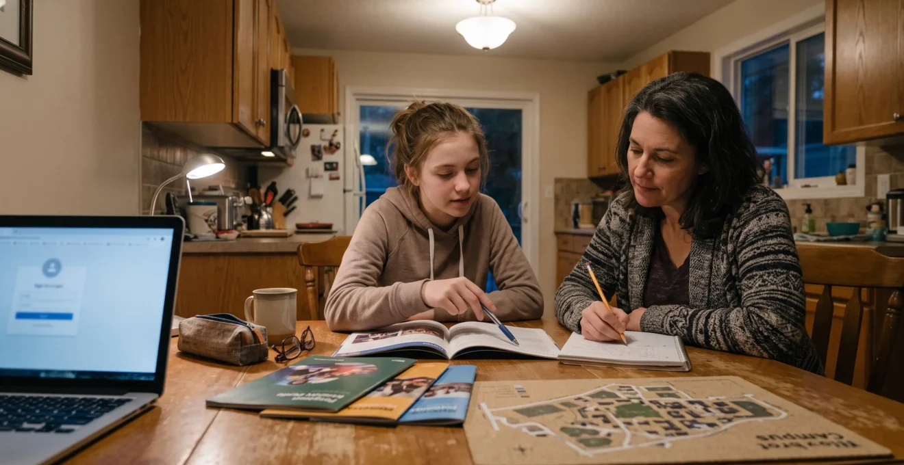 Un élève canadien du secondaire et un parent comparent des brochures de programmes post-secondaires et un calendrier de cours à une table de cuisine.