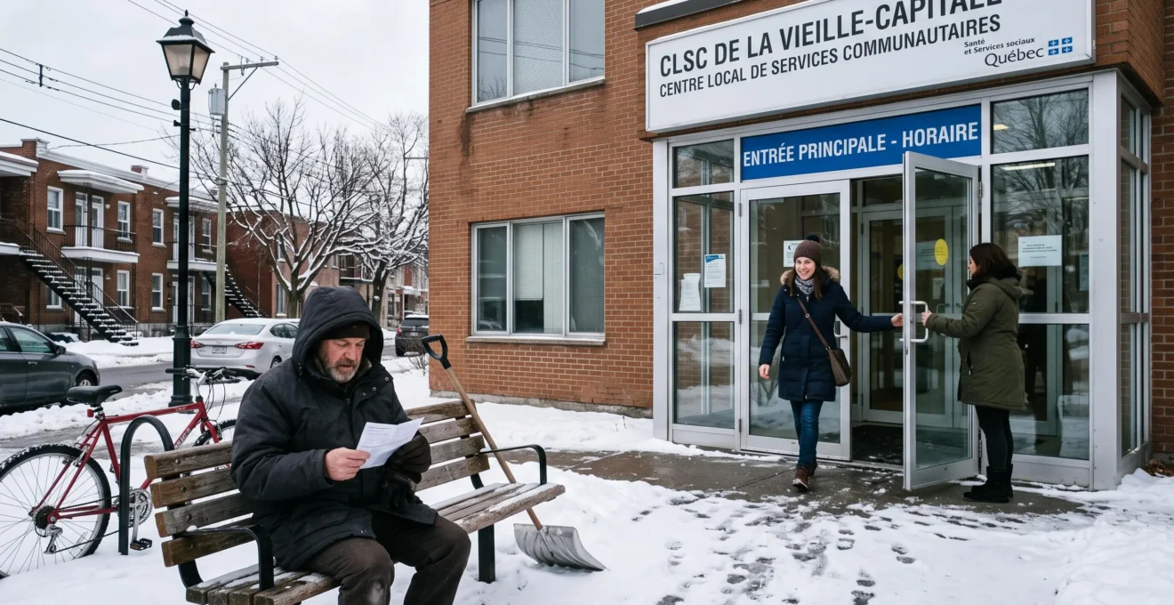 Entrée d'un centre de santé communautaire au Québec en hiver, avec des personnes accédant au bâtiment