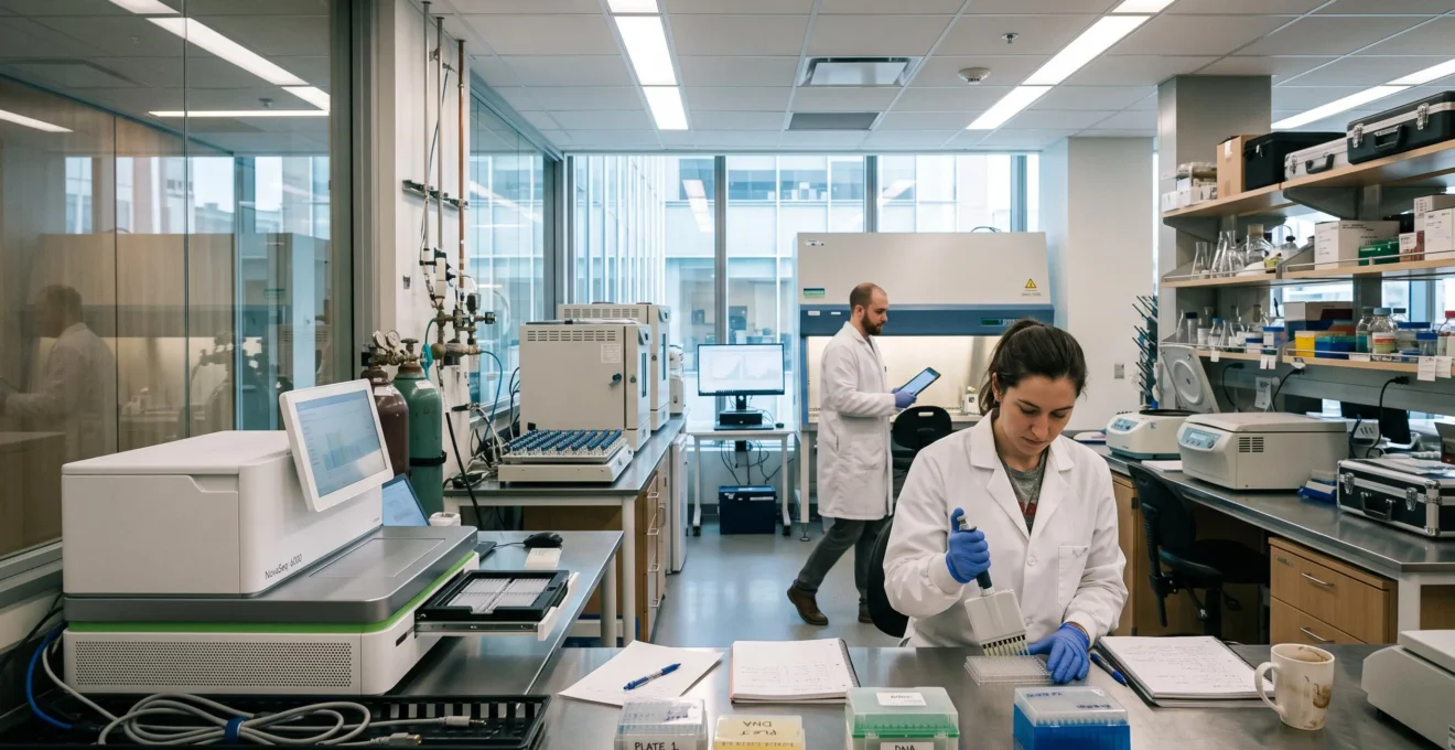 Un chercheur en blouse blanche manipule une plateforme de séquençage dans un laboratoire de biotechnologie relié à un hôpital de recherche.