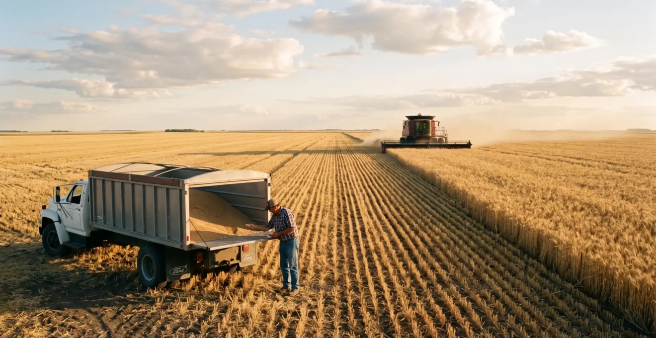 Une moissonneuse-batteur coupe un champ de blé vaste et plat dans les Prairies canadiennes au coucher du soleil, un camion à grain attend en bordure du champ.