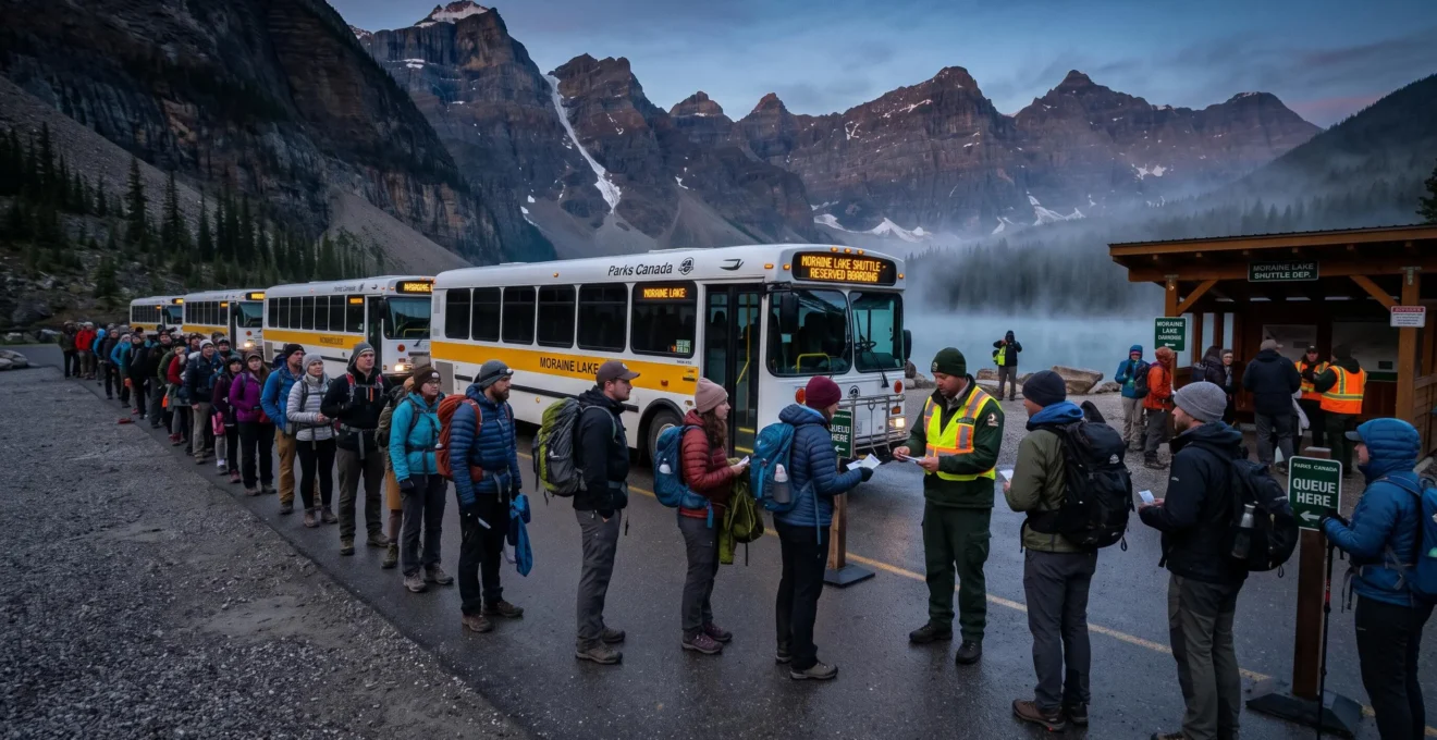 File de visiteurs avec sacs à dos attendant devant des navettes au départ du lac Moraine à l'aube, dans le parc de Banff, avec les sommets en arrière-plan.