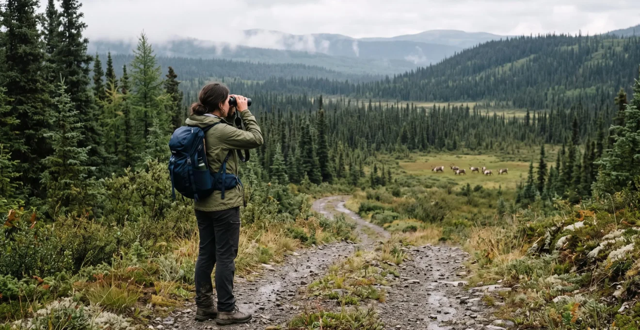 Une observatrice à distance avec des jumelles regarde un petit troupeau de caribous dans une clairière de forêt boréale canadienne.