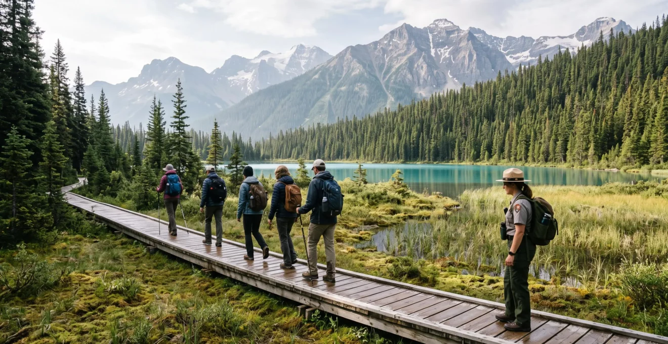 Des randonneurs marchent en file sur un sentier de planches de bois traversant une zone humide d'un grand parc canadien, avec une forêt de conifères, des montagnes rocheuses et un lac glacial en arrière-plan.