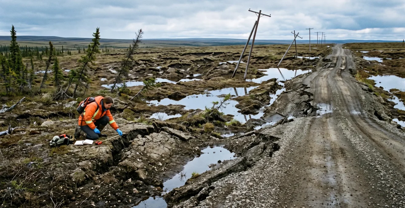 Un paysage de toundra canadienne affaissé par la fonte du pergélisol, avec des dépressions de thermokarst remplies d'eau, des poteaux penchés et un technicien inspectant une fissure du sol.