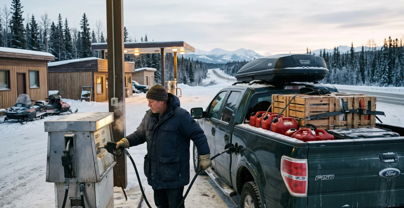 Un automobiliste fait le plein d'une camionnette chargée de provisions dans une station-service isolée du Nord canadien en hiver.