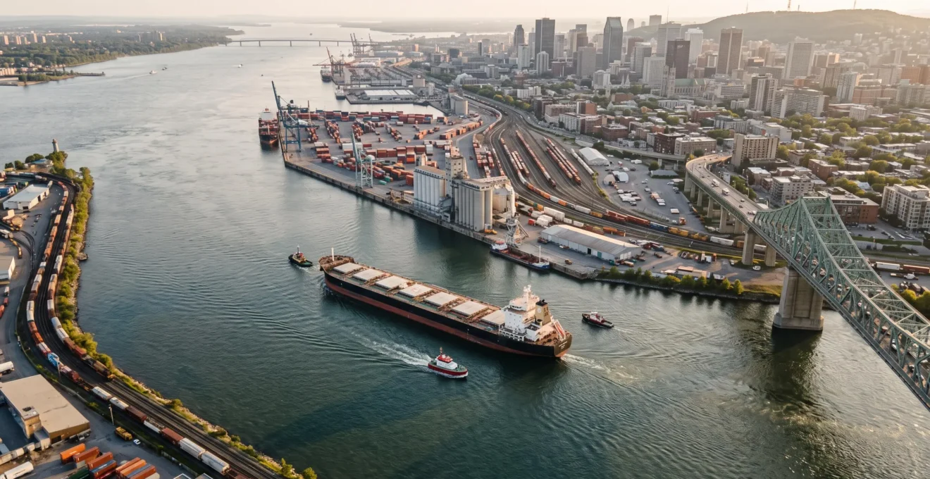 Vue aérienne d'un port canadien au bord d'un grand fleuve, avec un cargo naviguant devant des terminaux industriels et des rails longeant l'eau.