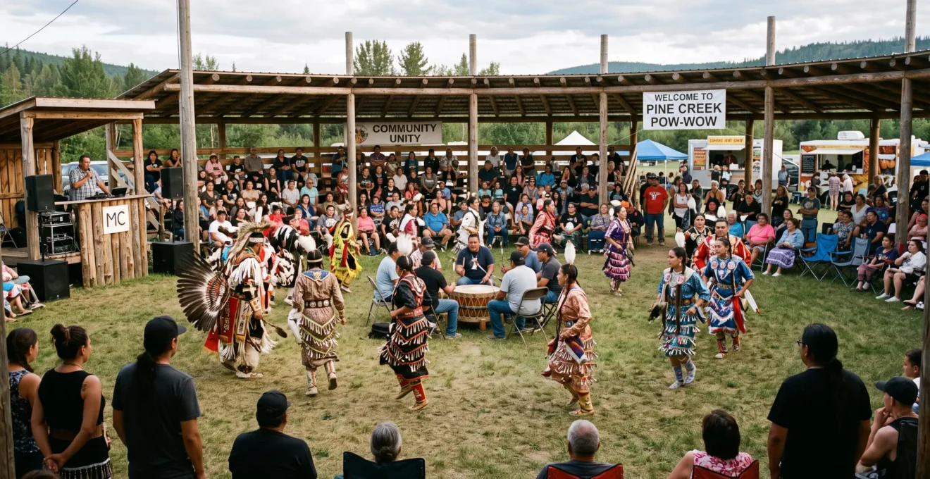 Un pow-wow public en plein air au Canada avec des danseurs en regalia au centre du cercle et des familles assises sur les gradins.