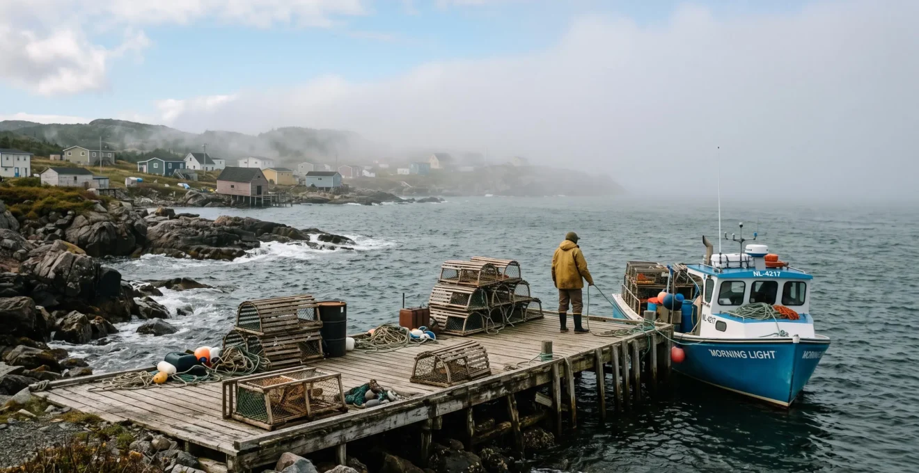 Un quai de pêche en bois sur le littoral atlantique canadien, avec un brouillard dense qui avance sur l'eau froide et une personne en imperméable jaune regardant la mer.