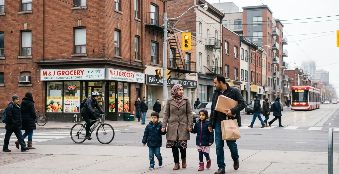 Une famille nouvellement arrivée traverse un trottoir animé d'un quartier métropolitain canadien densément peuplé, devant des résidences et des commerces de quartier.