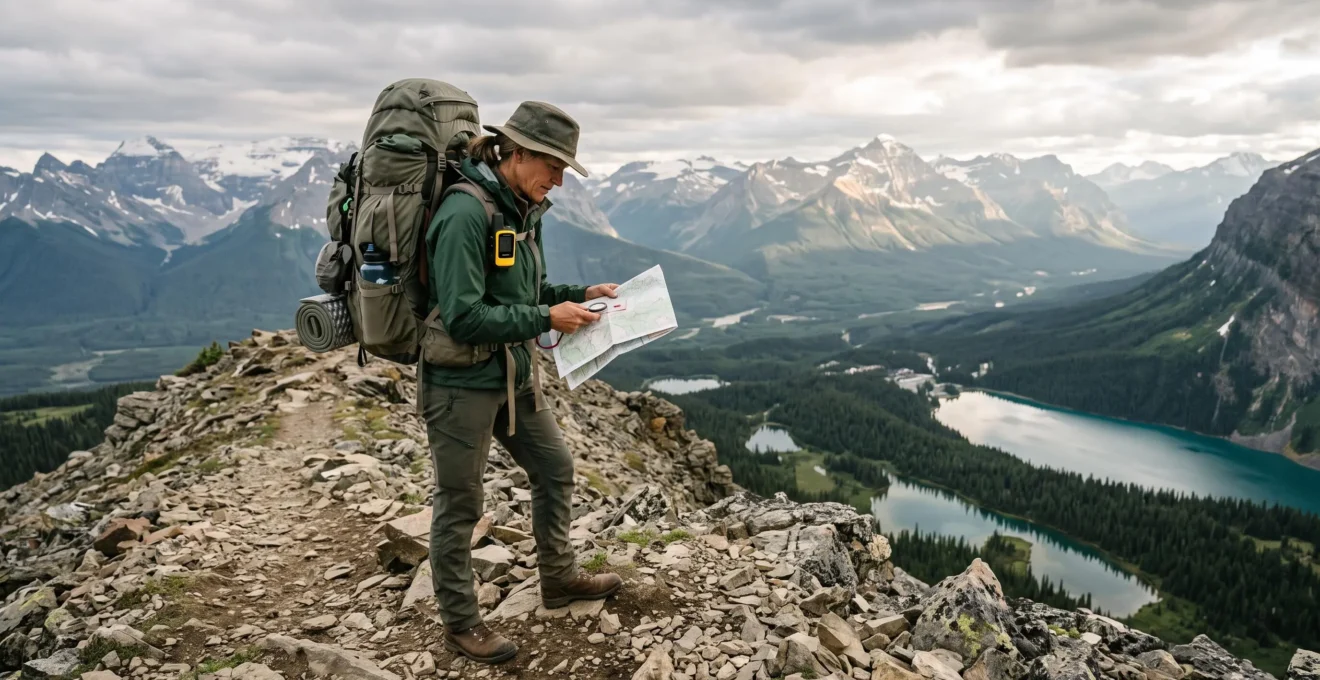 Un randonneur équipé consulte une carte papier et une boussole sur un sentier des Rocheuses canadiennes, un dispositif de messagerie satellite fixé à son sac.