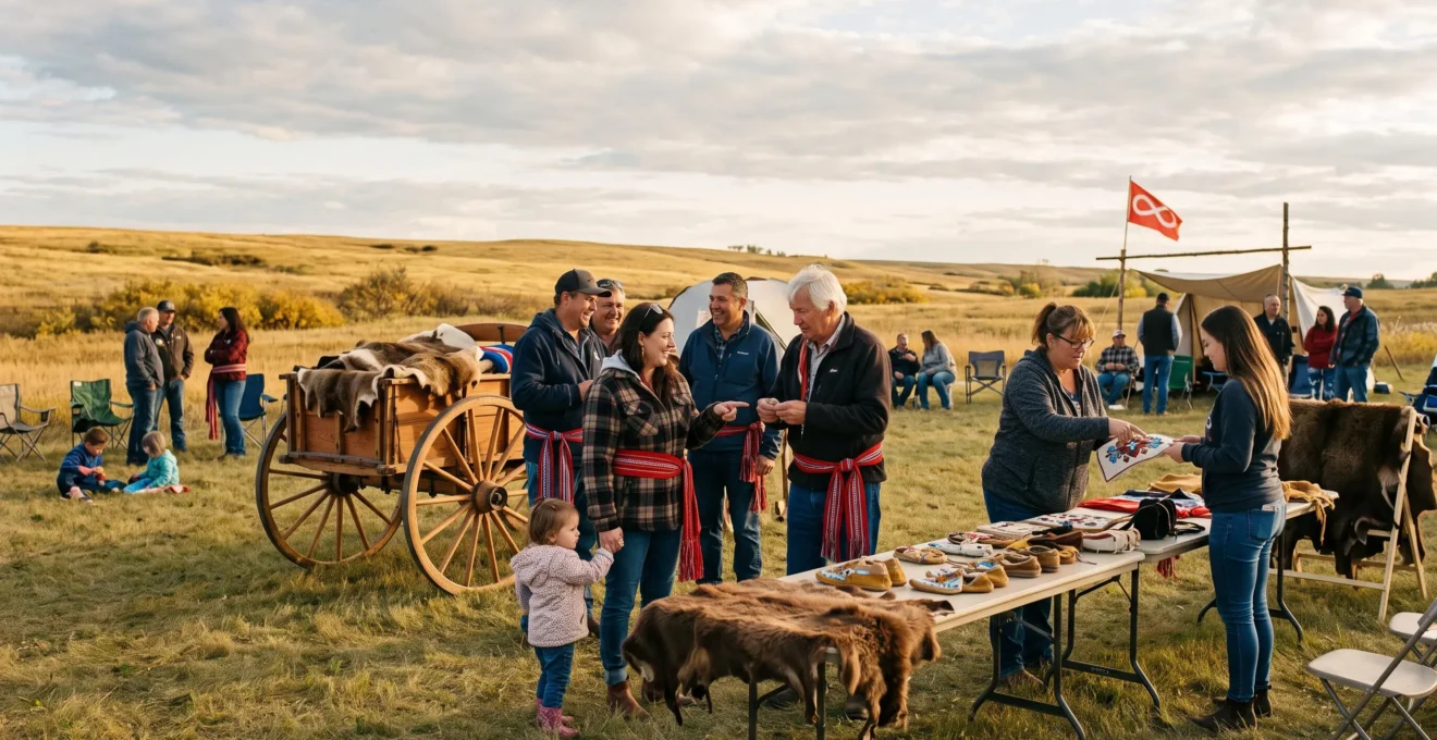 Rassemblement communautaire métis dans les prairies canadiennes, avec char de la Rivière Rouge, ceintures fléchées et discussions entre participants.