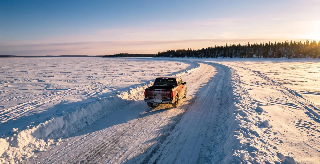 Un camion roule sur une route d'hiver tracée sur la glace d'un lac gelé dans les Territoires du Nord-Ouest.