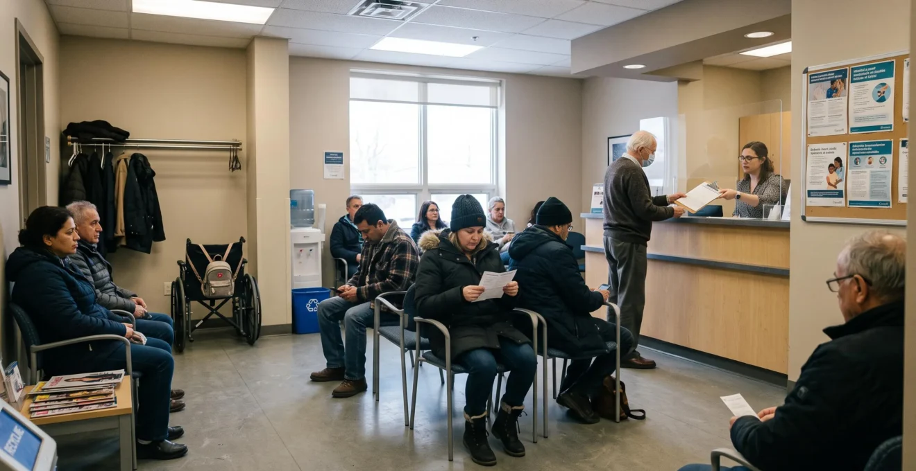 Des patients attendent dans une salle d'attente d'une clinique publique canadienne tandis qu'une réceptionniste remet un document à un visiteur au comptoir.