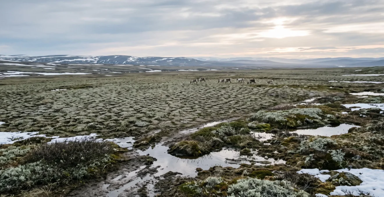 Étendue de toundra arctique au Canada sans arbres, avec sol polygonal, flaques d'eau de fonte et caribous au loin sous un ciel couvert.