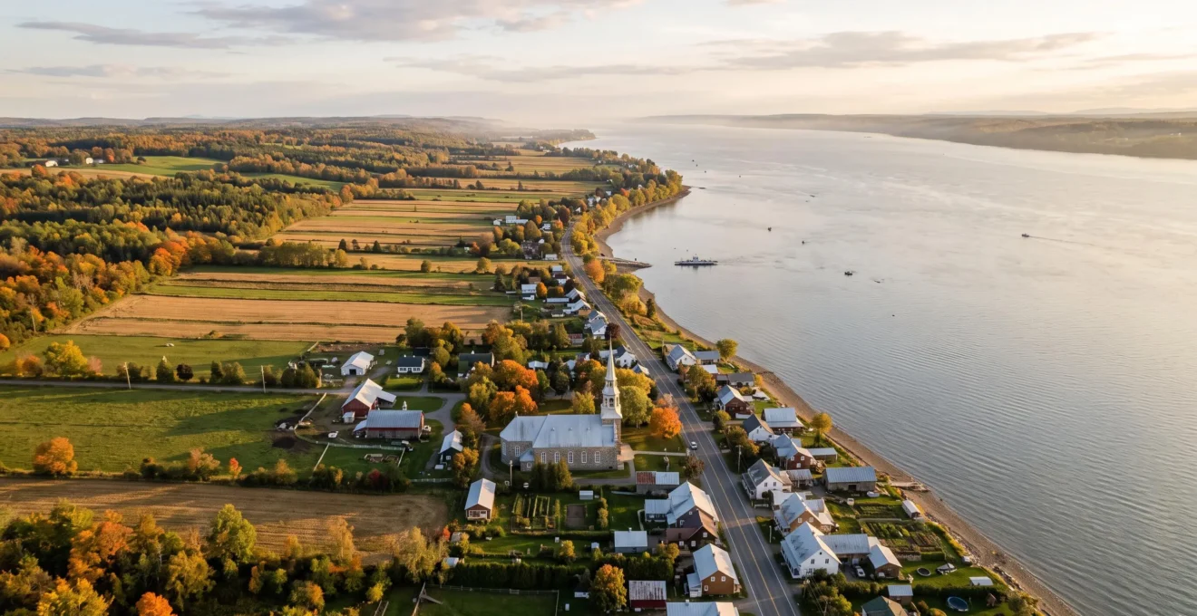 Vue aérienne d'un village québécois aligné le long du fleuve Saint-Laurent, avec des parcelles agricoles allongées perpendiculaires au fleuve et une église près du rivage.