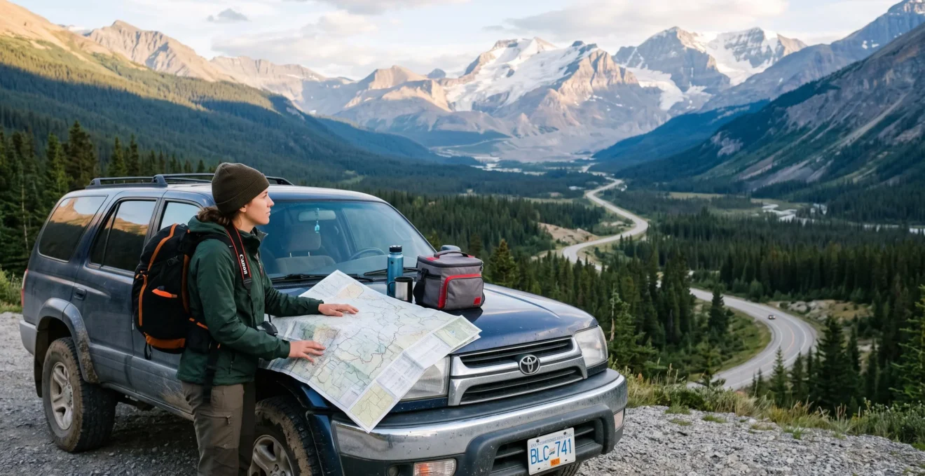 Un voyageur consulte une carte routière dépliée sur le capot de son véhicule au bord d'une route du parc de Jasper, entouré d'un vaste paysage montagneux.