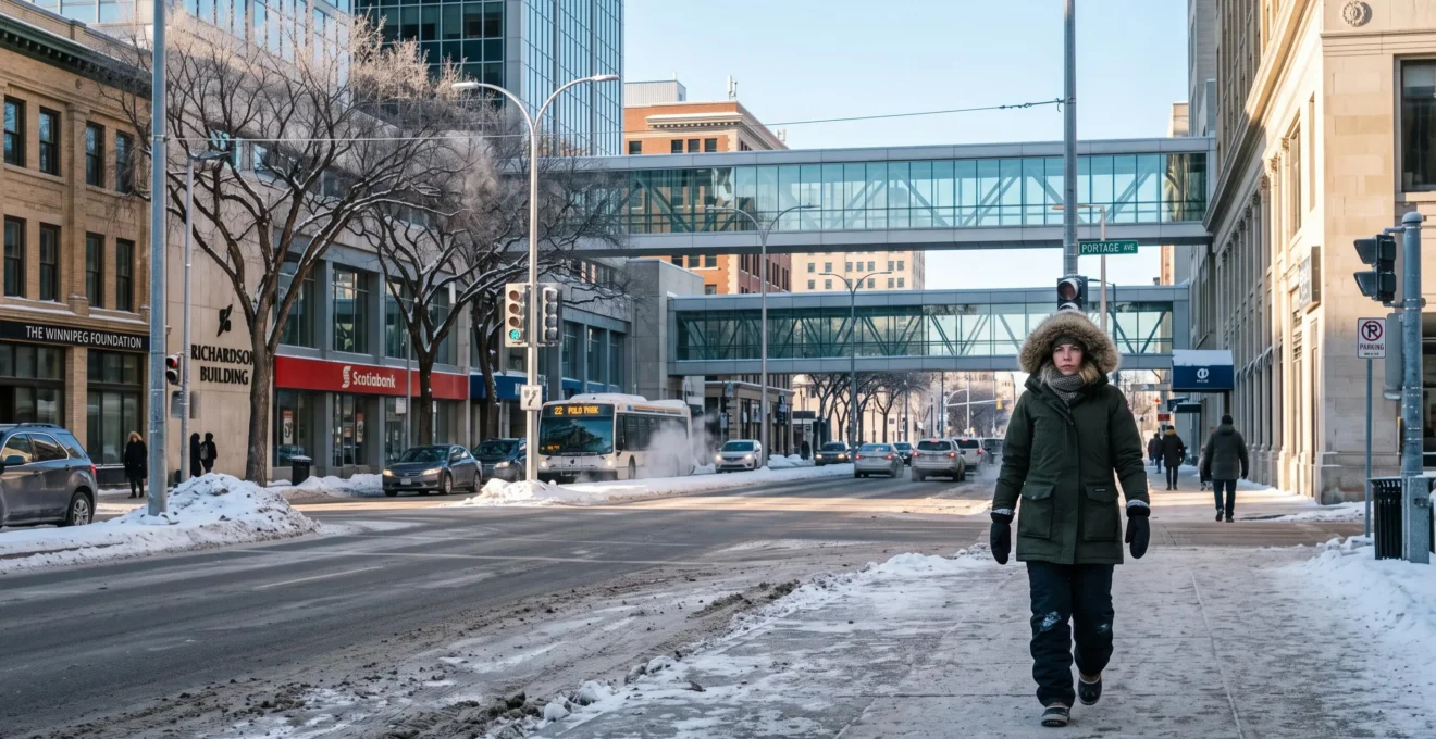 Une femme en parka d'hiver marche le matin sur un trottoir enneigé du centre-ville de Winnipeg, devant des immeubles de bureaux et un bus.